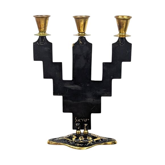 Vintage Goldtone Astrological Candelabra: Black Enamel Zodiac Candle Holder - Picture 5 of 9